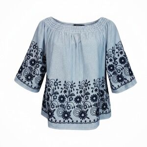 Unique Spectrum Blue & White Striped Embroidered Off Shoulder Top Size 1X NWOT